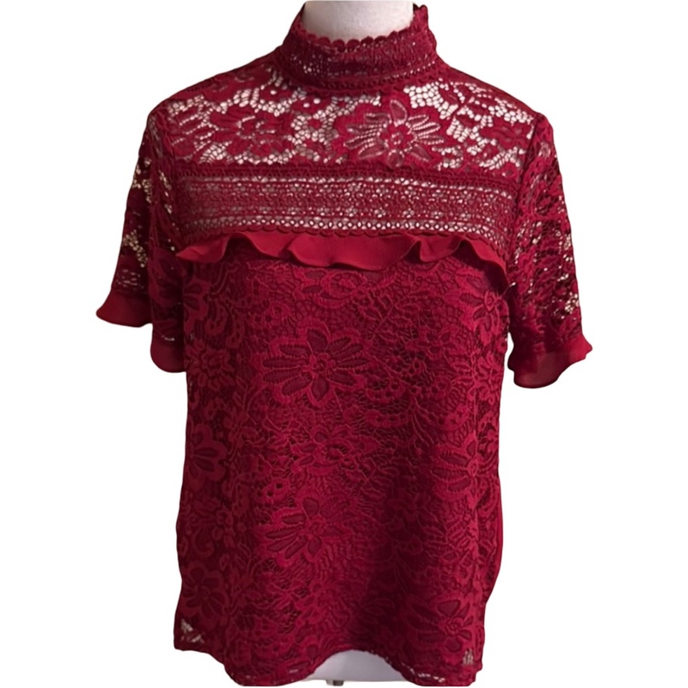 Gibson Red Lace Ruffled Blouse with Mandarin Collar